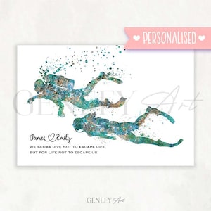Personalisiertes Scuba Diving Paar Aquarell Print - Scuba Diving Poster - Hochzeitsgeschenk - Valentinstagsgeschenk - Scuba Wanddekor