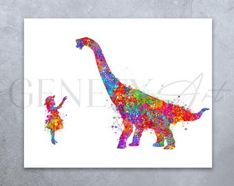 Brachiosaurus Watercolor Print: Girl and Dinosaur Nursery Art