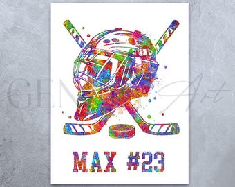 Impresión artística personalizada de acuarela de hockey sobre hielo: decoración para habitación deportiva