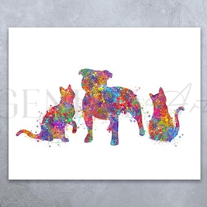 Staffordshire Bull Terrier and Cat Watercolour Print - Cat and Dog Poster - Cat and Dog Print - Cat and Dog Portrait - Friendship Prints