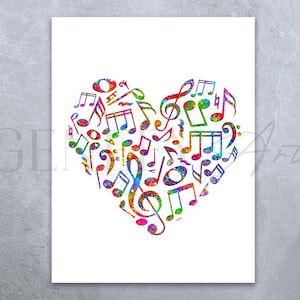 Impresión artística de acuarela con notas musicales en forma de corazón - Arte de acuarela con notas musicales - Decoración de estudio de música - Póster musical bonito - Ideas de regalos para amantes de la música