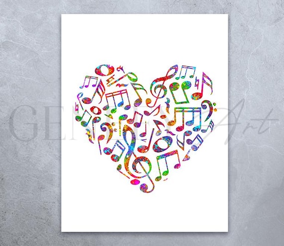 アート・デザイン・音楽 Bilder des Herzens. Schriftkunstwerke Heart Music Notes Watercolor Art Print - Music Studio Decor - Etsy