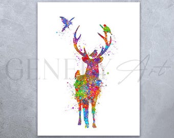 Deer Watercolor Art Print: Stag and Birds
