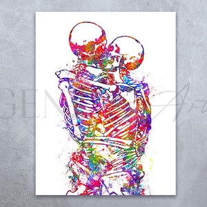 Skeleton Kissing Watercolor Art Print: Gothic Home Decor