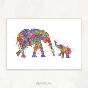 Baby Elephant and Mother Elephant Watercolor Art Print Mother and Baby Portrait Motherhood Prints Nursery Wall Art Nursery Decor image 1