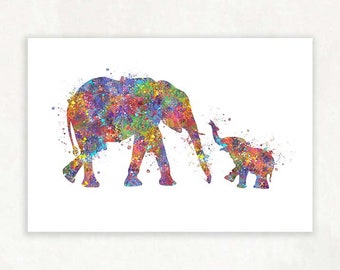 Baby Elephant and Mother Elephant Watercolor Art Print - Mother and Baby Portrait - Motherhood Prints - Nursery Wall Art - Nursery Decor