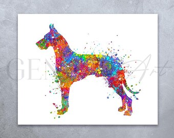 Puede incluir: Una pintura acuarela colorida de un perro Gran Danés. El perro está representado en una pose de pie con la cabeza girada hacia un lado. La pintura está hecha en una variedad de colores brillantes, incluyendo rojo, naranja, amarillo, verde, azul y morado.