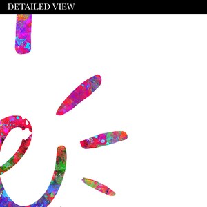 May include: Close-up of a colorful, abstract design with the word "DETAILED VIEW" in black at the top. The design features vibrant splashes of red, pink, blue, and green against a white background.