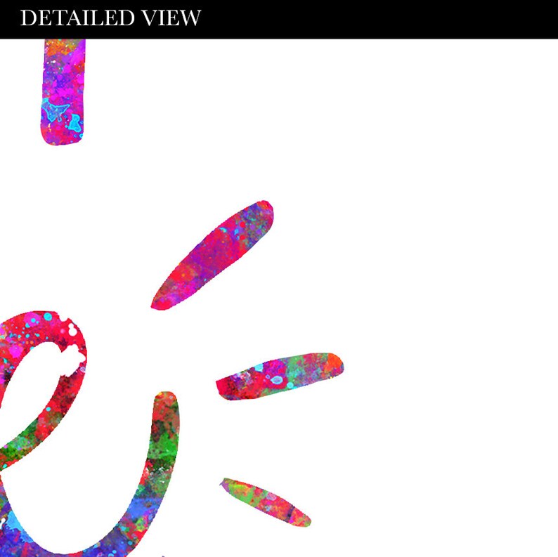 May include: Close-up of a colorful, abstract design with the word "DETAILED VIEW" in black at the top. The design features vibrant splashes of red, pink, blue, and green against a white background.