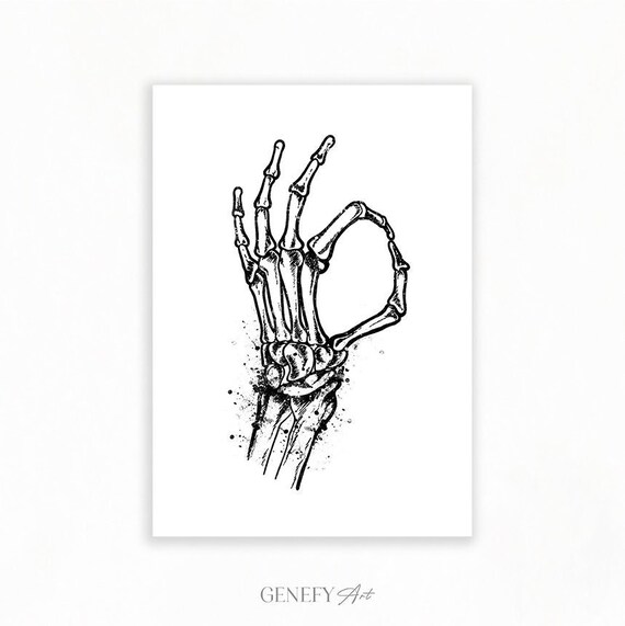 Ok Skeleton Hand Black And White Watercolour Art Print Ok Etsy New Zealand