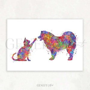 Samoyed Dog and Cat Watercolour Print - Cat and Dog Poster - Cat and Dog Print - Cat and Dog Portrait - Friendship Prints  Friendship Poster