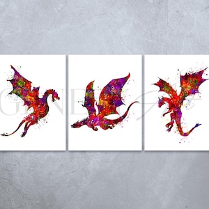 Dragon Watercolour Print - Set of 3 Dragon Prints - Dragon Nursery Wall Art - Dragon Nursery Decor - Dragon Poster - Dragon Wall Art