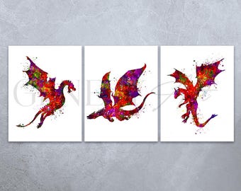 Dragon Watercolor Print Set: Fantasy Nursery Art