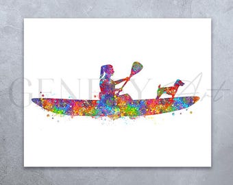 Impresión artística de acuarela de perro en kayak: Póster de deportes acuáticos