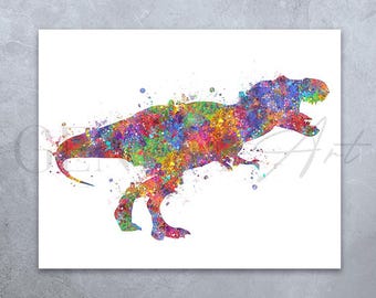T-Rex Watercolor Art Print: Dinosaur Portrait, Boys Room Decor
