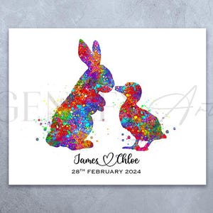 Kaninchen und Enten Paar Aquarell Kunst - Geschenkideen zum Jahrestag - Hochzeitsgeschenk Ideen,Einweihungsparty Geschenkideen, Kaninchen Enten Paar Poster