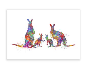 Kangaroo Family of 4 Watercolor Art Print  - Kangaroo Watercolor Art Poster - Kangaroo Family Art - Family Wall Art - Kangaroo gift