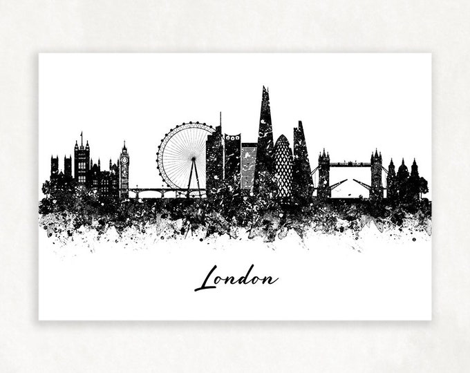 London Skyline Black and White Watercolour Print - London Cityscape Print - London Skyline Poster - London Skyline Wall Decor