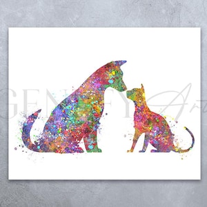Cat and Dog Watercolor Print - Cat and Dog Poster - Cat and Dog Print - Cat and Dog Portrait - Friendship Prints - Friendship Poster