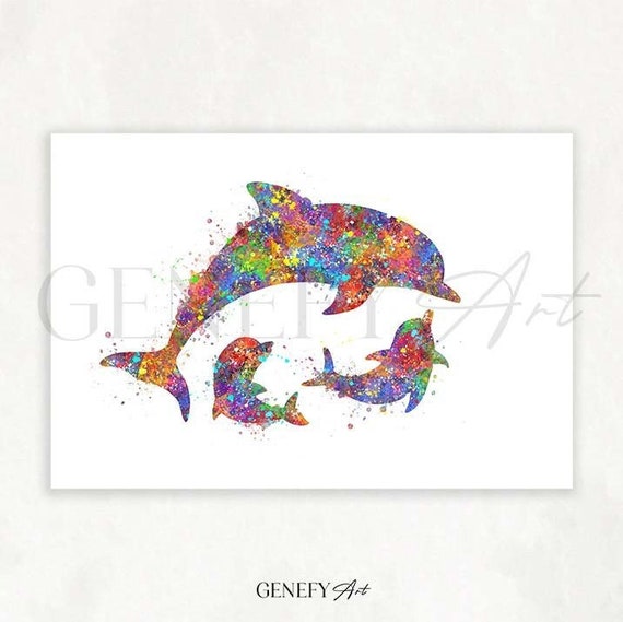 イルカの家族の水彩画アートプリント：母親と赤ちゃんのポートレート