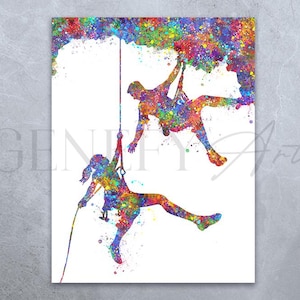 Klettern Paar Aquarell Kunstdruck - Outdoor Abenteuer Aquarell Kunst - Abseilen Wandkunst - Extremsport Kunst Dekor