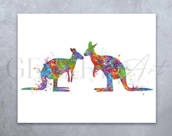 Känguru Paar Aquarell Kunstdruck - Tier Wandkunst
