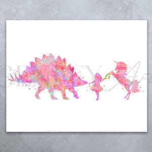 Impresión en acuarela de niña, estegosaurio y unicornio - Impresiones de niña y dinosaurio - Arte de pared para guardería - Póster de dinosaurio - Decoración de pared para guardería