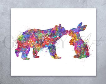 Arte en acuarela de pareja de osos y conejos: ideas para regalos de aniversario, ideas para regalos de boda, ideas para regalos de inauguración de la casa, póster de pareja de osos y conejos