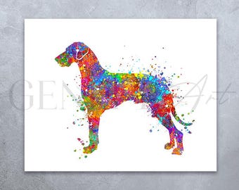 Puede incluir: Una pintura de acuarela de un perro, posiblemente un Bloodhound, en un arcoíris de colores. El perro está de pie sobre un fondo blanco.