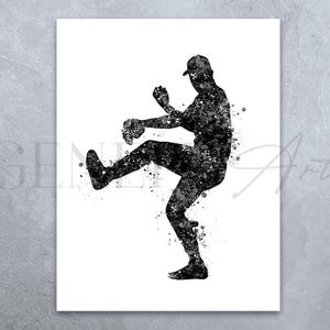 Baseball Black and White Watercolour Art Print - Baseball Sport Poster - Baseball Player Prints - Baseball Player Poster