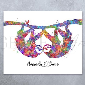 Personalisierter Faultier Paar Aquarell Druck - Faultier Paar Drucke - Faultier Poster - Faultier Portrait - Faultier Kunstwerk - Einweihungsgeschenk