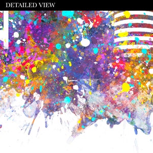 May include: Abstract art print featuring a colorful splatter paint design with a white stripe pattern in the upper right corner. The background is white.