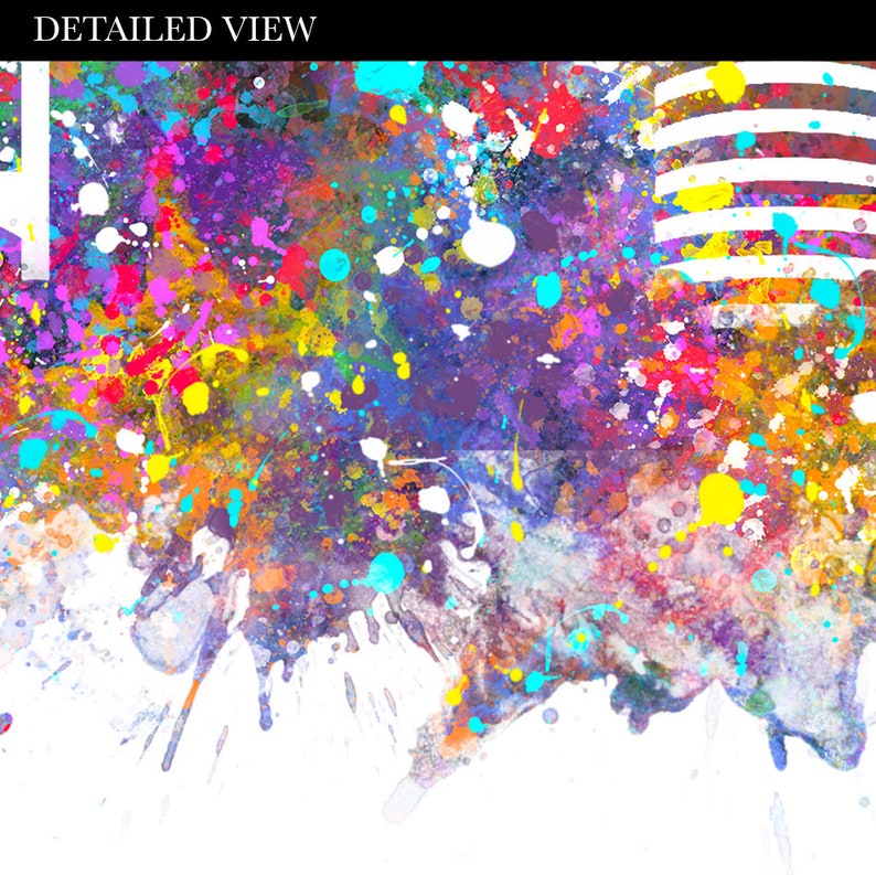 May include: Abstract art print featuring a colorful splatter paint design with a white stripe pattern in the upper right corner. The background is white.