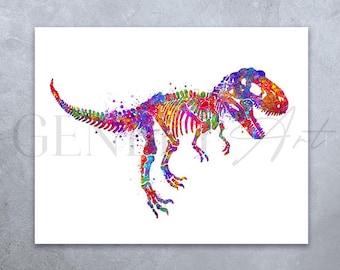T-Rex Watercolor Print: Colorful Dinosaur Portrait, Boys Room Decor