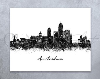 Stampa artistica ad acquerello dello skyline di Amsterdam: paesaggio urbano in bianco e nero