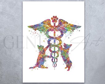Veterinary Caduceus Watercolor Art Print: Vet Clinic Decor