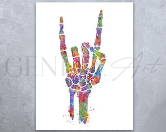 Impresión artística de acuarela de mano de esqueleto de roca - Signo de rock and roll