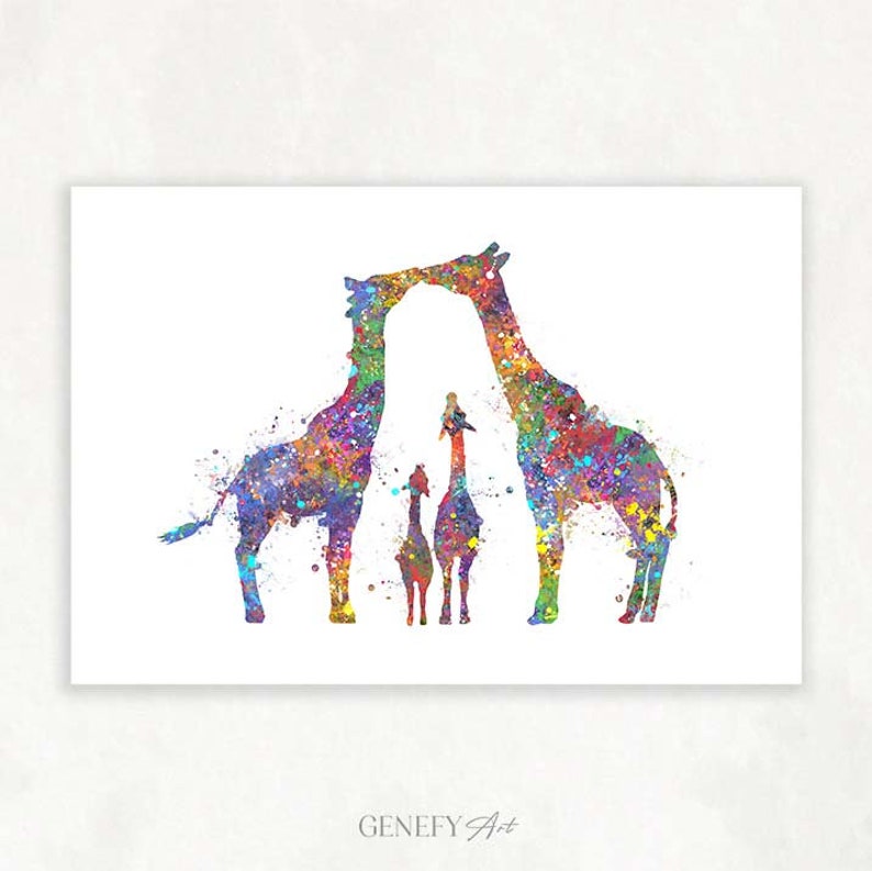 Giraffe Family of 4 Watercolour Art Print Giraffe Prints Family Prints Family Portrait Gift for New Family Housewarming Gift image 1