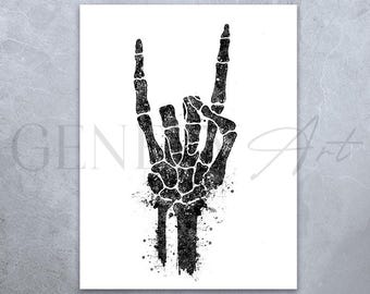 Impresión artística de acuarela de una mano de esqueleto con una roca - Decoración de Halloween