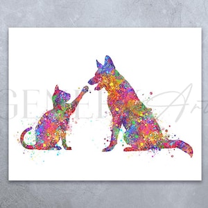 Cat and German Shepherd Watercolour Print - Cat and Dog Poster - Cat and Dog Print- Best Friends - Friendship Prints - Friendship Poster