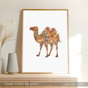 May include: A watercolor painting of a camel in shades of brown and gold. The camel is standing on a white background.