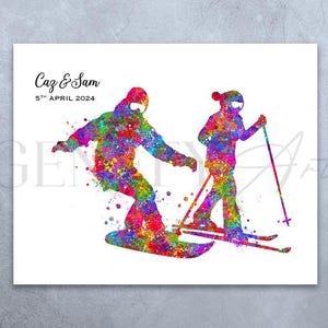 Personalisierter Ski fahren und Snowboard fahrender Paar Aquarell Druck - Ski fahren Drucke - Ski Aquarell Kunst - Winter Sport Kunst - Geschenk für Paar