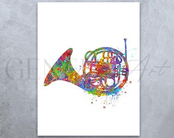 French Horn Watercolor Art Print: Music Room Wall Decor