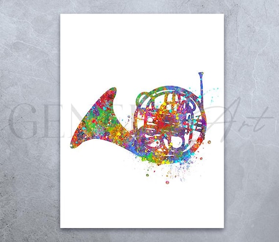 フレンチホルンの水彩画アートプリント：音楽室の壁装飾 - Etsy 日本