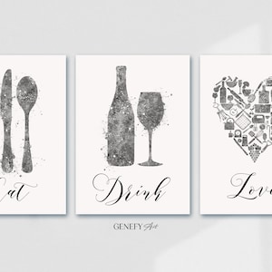Graue Küchen-Aquarelldrucke - 3er-Set Food & Drink Art
