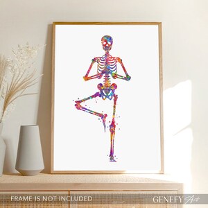 May include: A colorful watercolor painting of a skeleton in a yoga pose. The skeleton is in a tree pose, with one leg raised and the other leg bent. The skeleton is painted in shades of pink, blue, green, yellow, and orange.