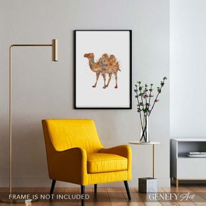 May include: A watercolor-style illustration of a camel in shades of brown, orange, and yellow. The camel is standing on a white background.
