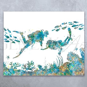 Duiken paar aquarel print - duiken poster - onderwatersport aquarel kunst - wanddecoratie duiker - wanddecoratie scubaduiken