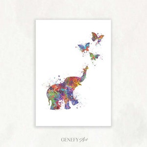 Baby Elephant and Butterflies Watercolour Art Print - Baby Elephant Watercolour Print  - Nursery Decor - Nursery Wall Art