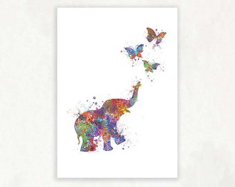 Baby Elephant and Butterflies Watercolour Art Print - Baby Elephant Watercolour Print  - Nursery Decor - Nursery Wall Art